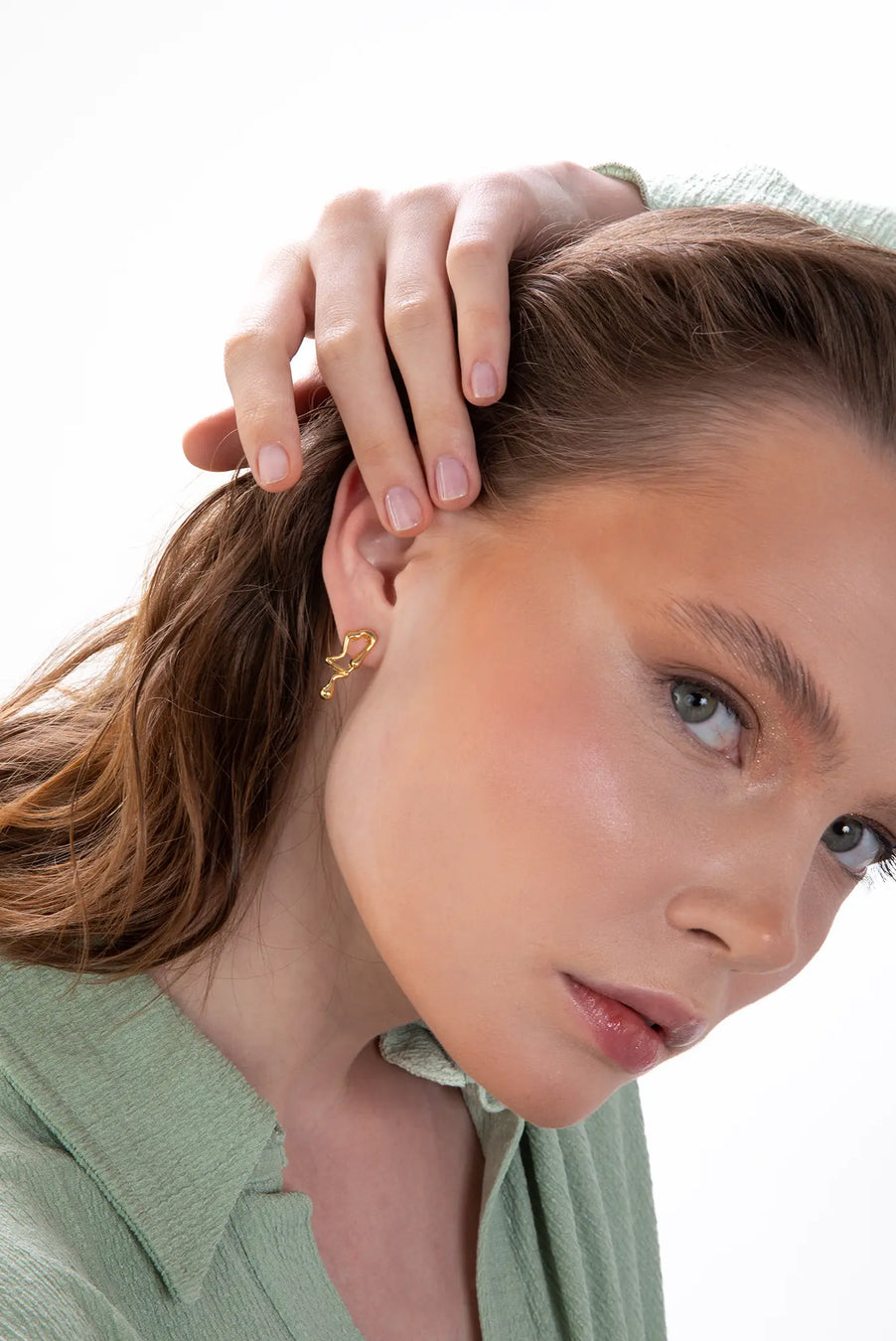 ATHENA Earrings. Asymmetrical fluid or melting design earrings, 18K gold vermeil, handmade, hypoallergenic, water-resistant