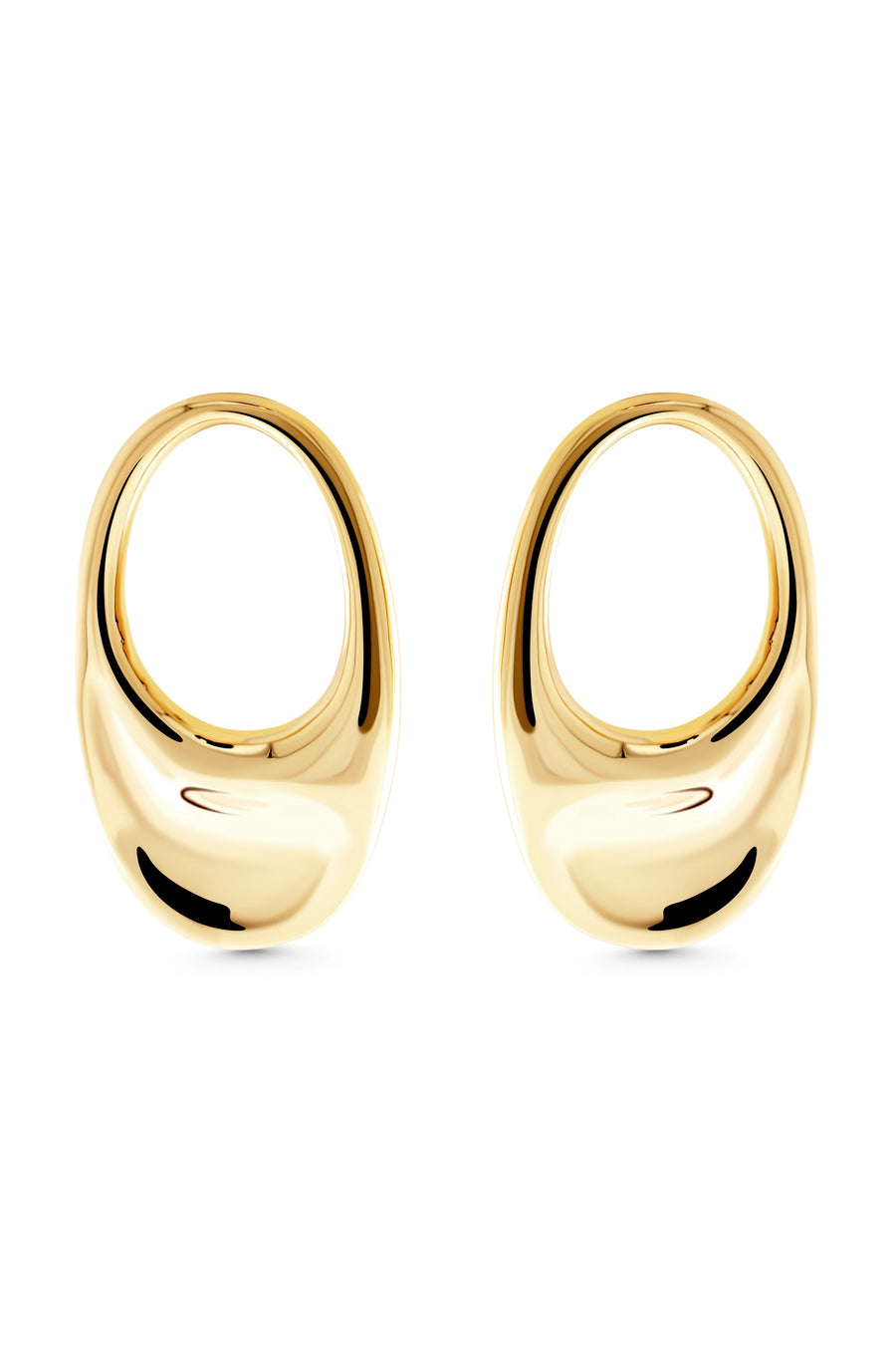 BEAMISH Hoops. Oval-shaped disc earrings in high gloss finish, 18K gold vermeil, handmade, hypoallergenic, water-resistant