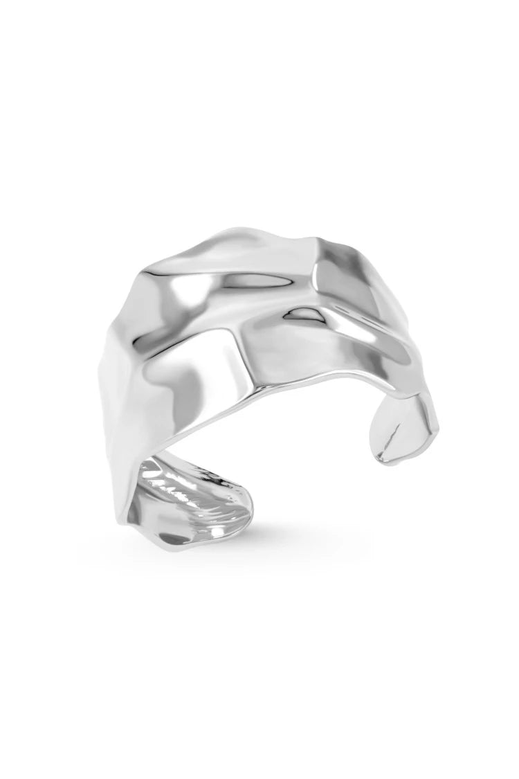 ORPHIC Cuff. Broad crumpled plate in high gloss finish cuff bracelet, silver, handmade, hypoallergenic, water-resistant