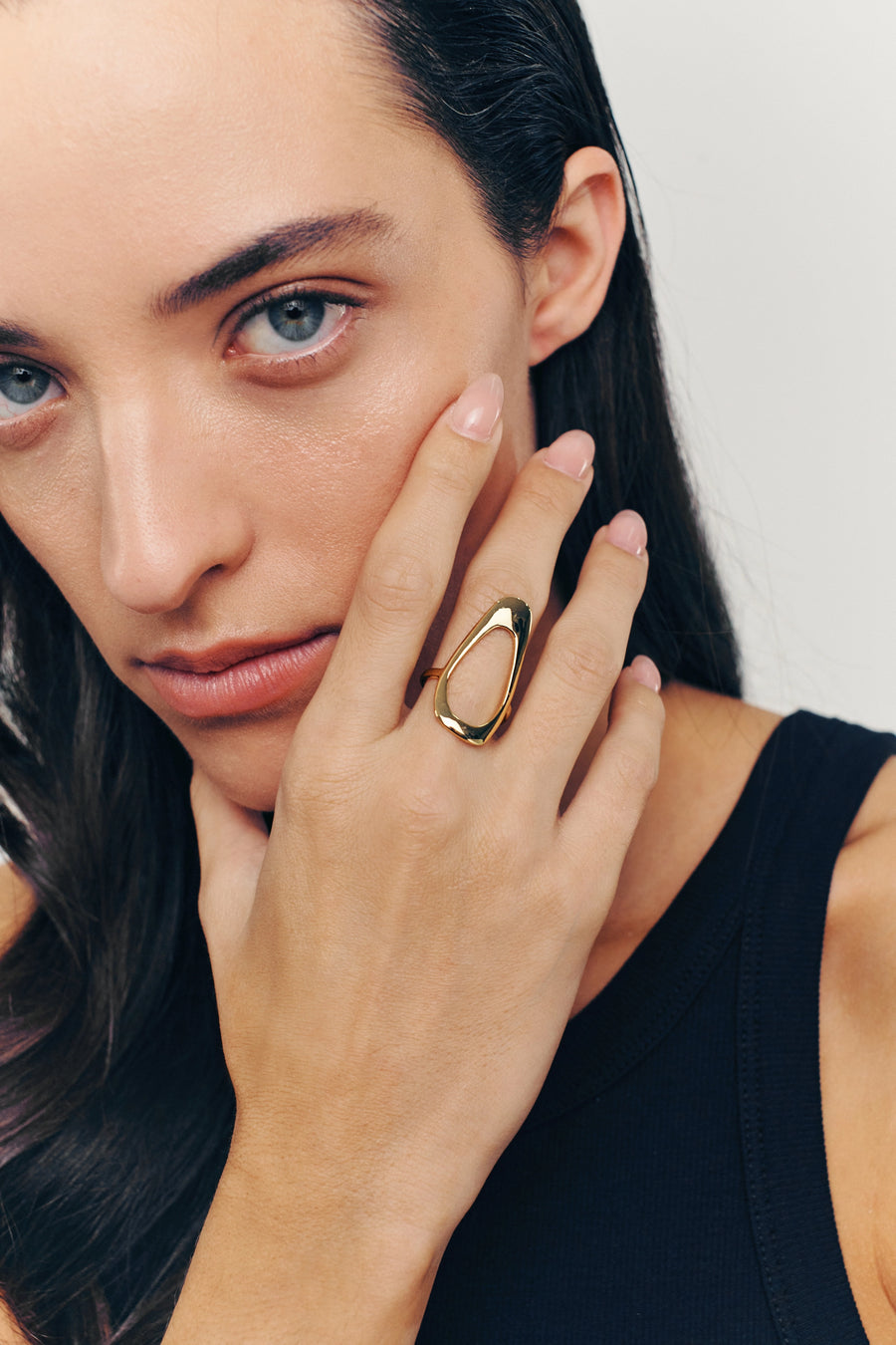 HEXAGON Ring. Elongated hexagon-shaped ring, open-ended, can fit with US sizes 5-7, 18K gold vermeil, handmade, hypoallergenic, water-resistant