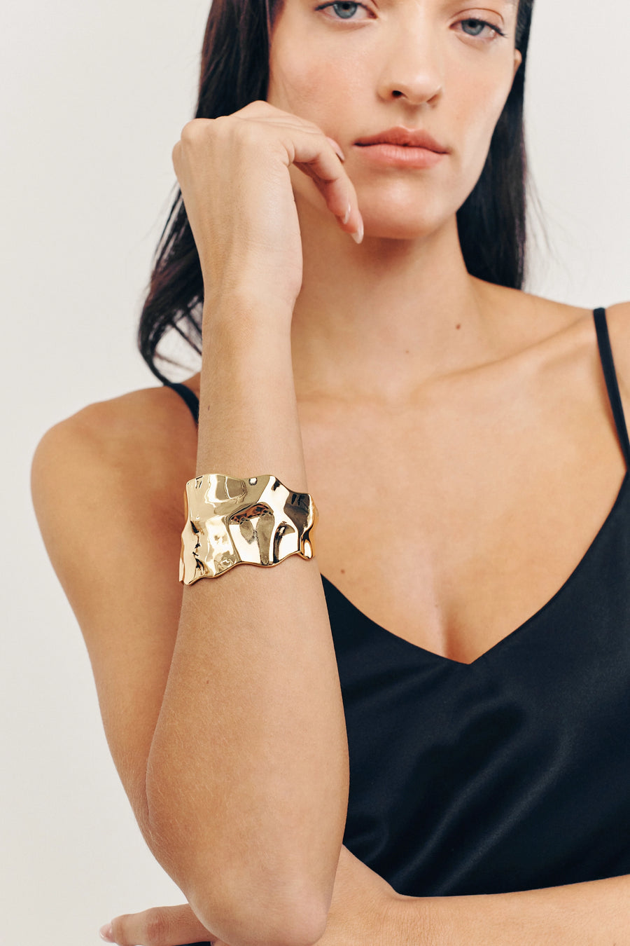 ORPHIC Cuff. Broad crumpled plate in high gloss finish cuff bracelet, 18K gold vermeil, handmade, hypoallergenic, water-resistant